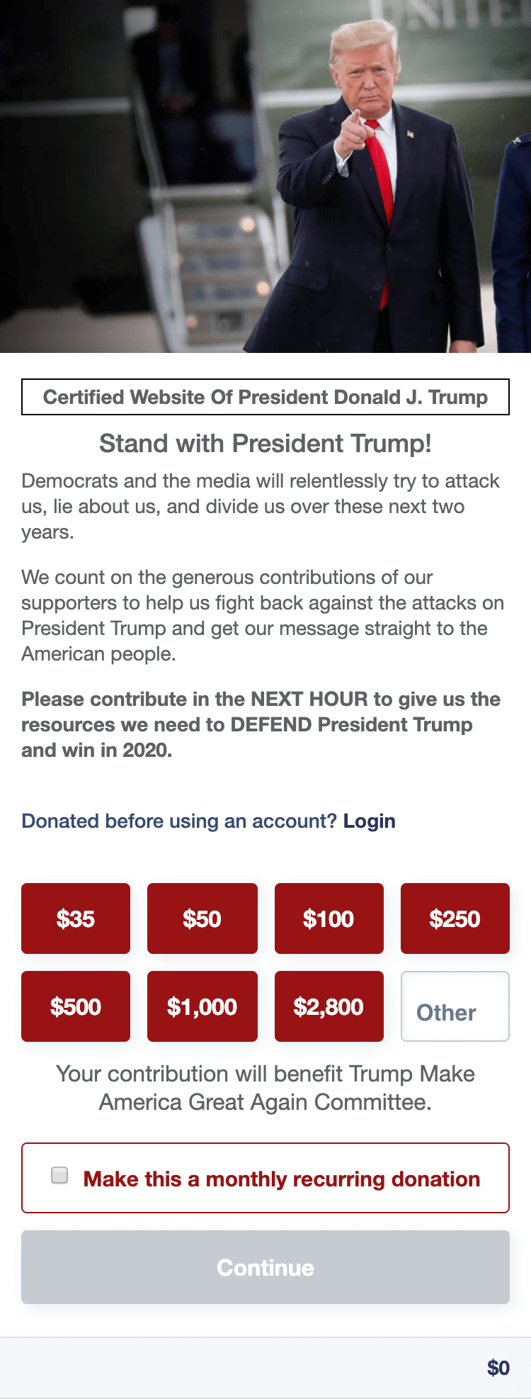 Donald Trump 2020 Campaign mobile donation preview