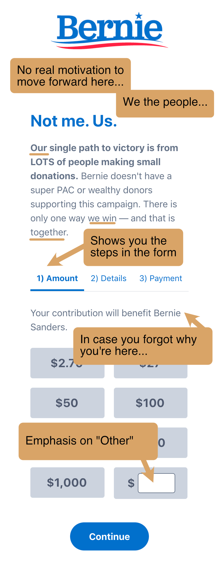 Bernie Sanders 2020 Campaign mobile donation form evaluation