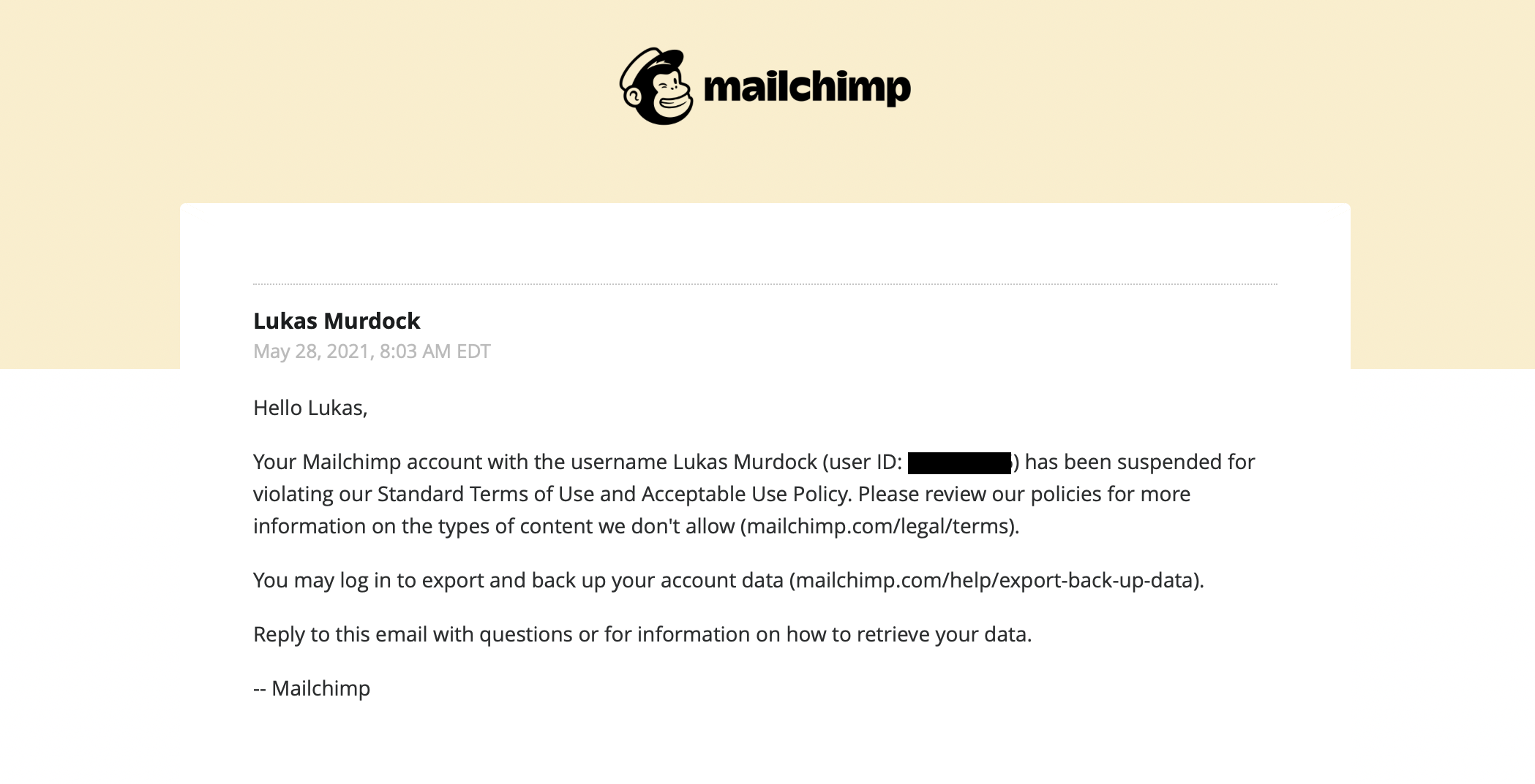 Mailchimp account suspended