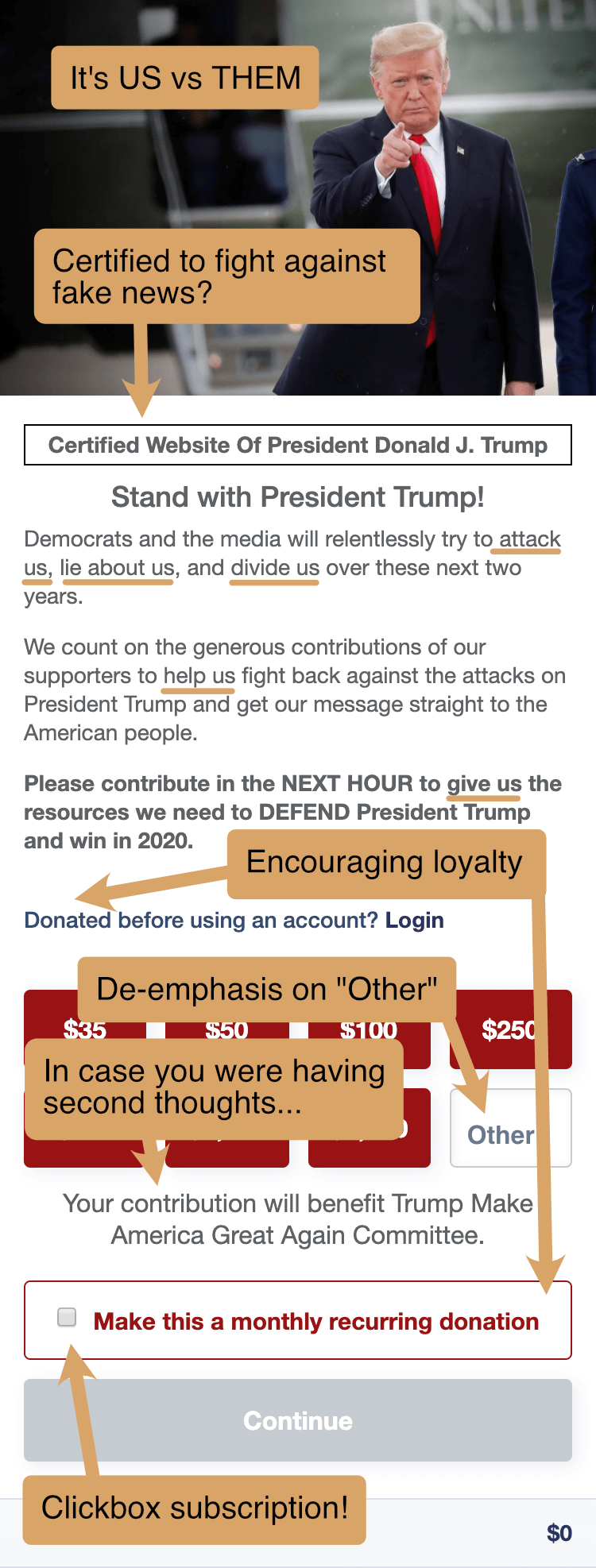 Donald Trump 2020 Campaign mobile donation form evaluation