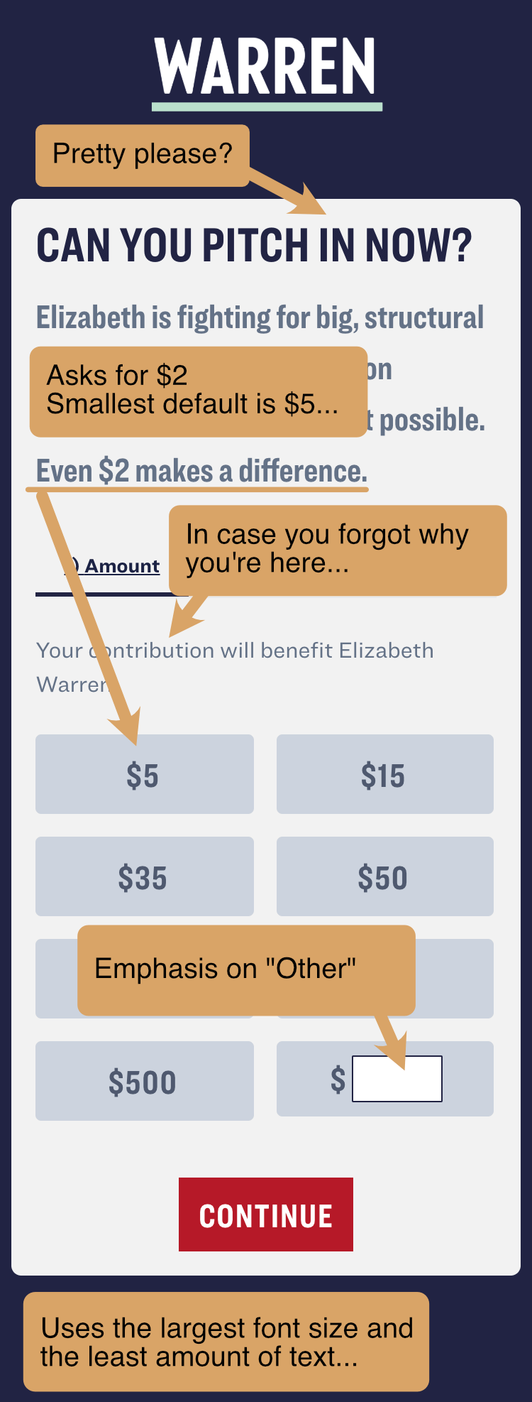 Elizabeth Warren 2020 Campaign mobile donation form evaluation