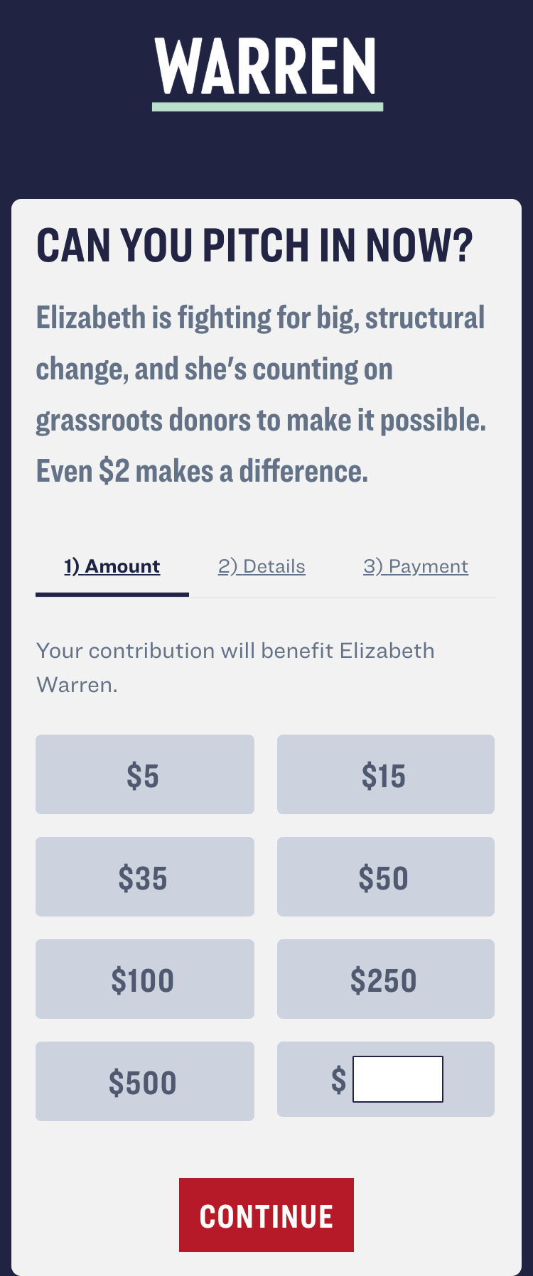 Elizabeth Warren 2020 Campaign mobile donation preview